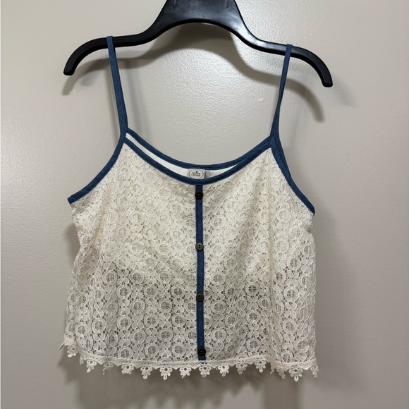 Paper Crane Tops - Paper Crane White Lace Camisole with Blue Trim